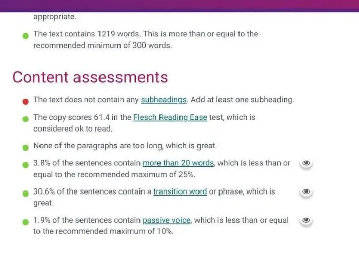 Yoast SEO Content Analysis & Optimization Report Screenshot of Yoast SEO content analysis for readability and keyword usage in the sentences.