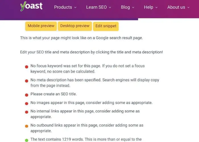Yoast SEO Preview to Optimize Title & Meta Description Yoast SEO's SERP preview tool showcasing missing meta descriptions and focus keyword alerts