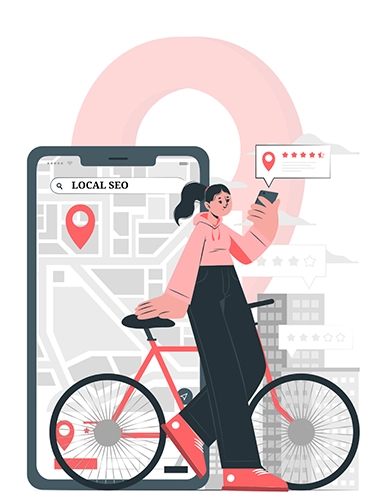 A girl standing on a bicycle is checking her phone for reviews of local SEO services near her.